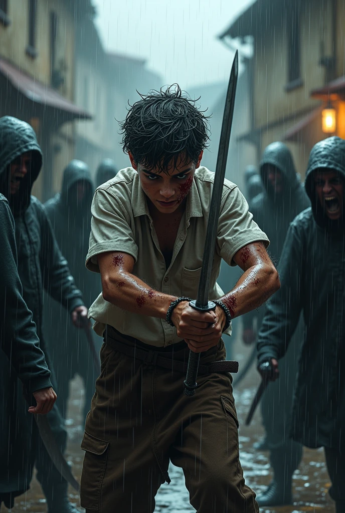 An injured age boy with a sword in his hands is surrounded by many bad people and it is raining in the middle of the village.