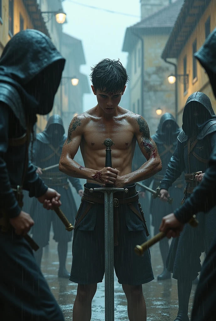 An injured teenage boy with a sword in his hands is surrounded by many bad people and it is raining in the middle of the village.