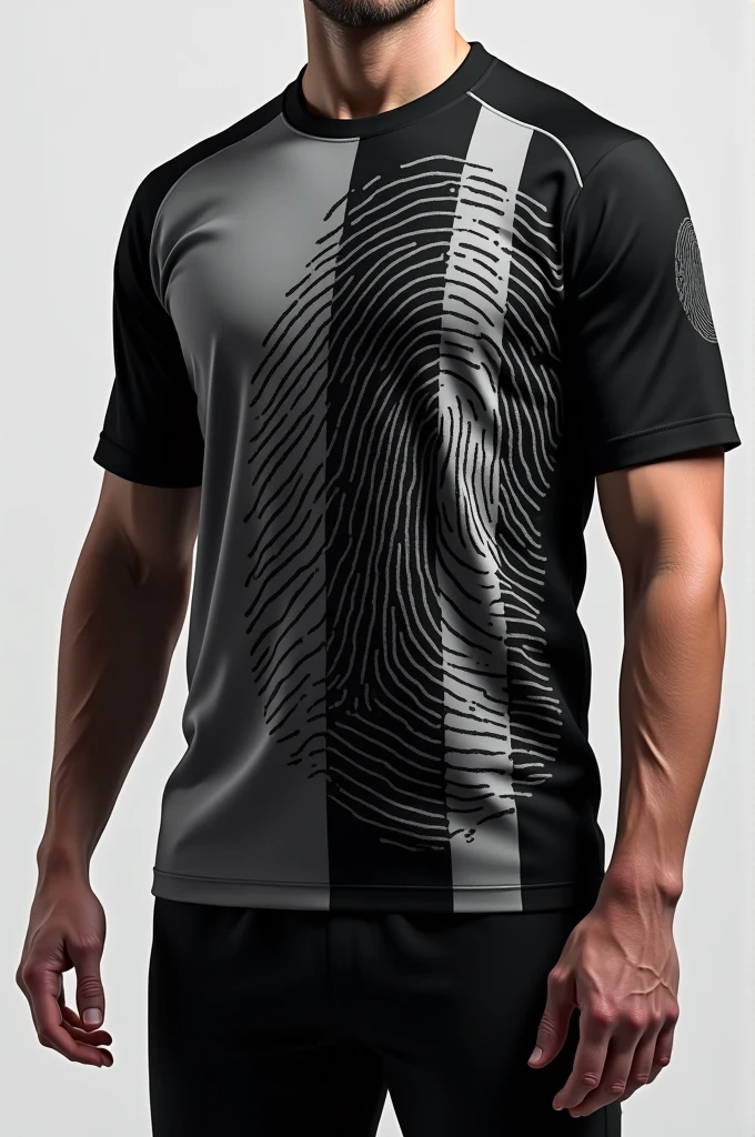 Jersey designs of forensic and in black and grey stripes with fingerprint on it
