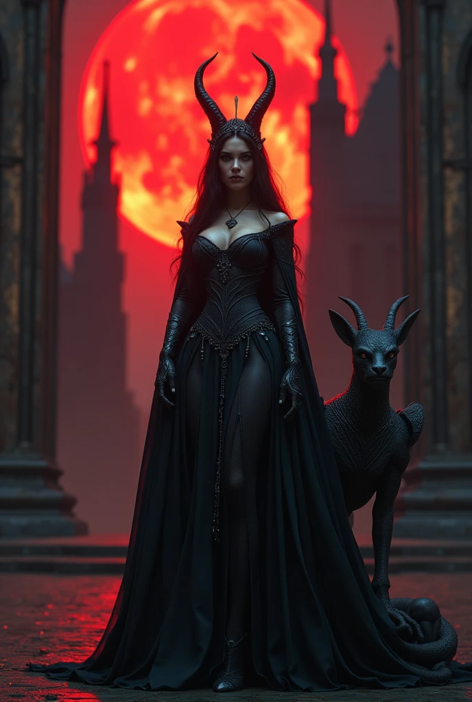 A goat-like devil sitting on a throne, around him some dark sexy witches with black pantyhose, with a disturbing appearance, on the ground in front of the throne there are some skulls