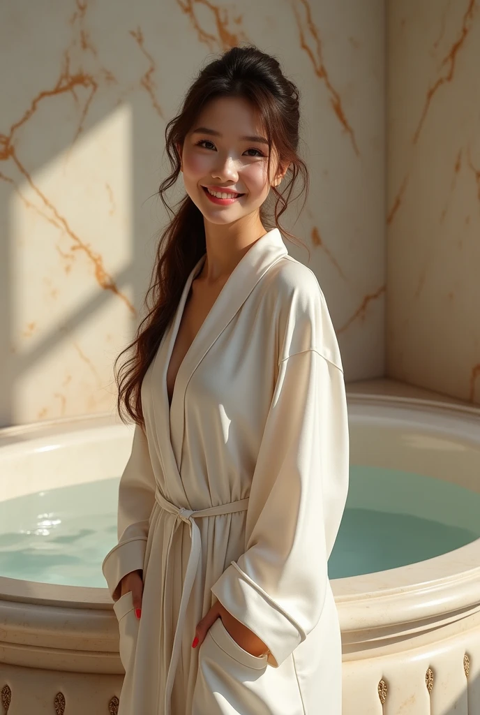 Photorealistic, young Asian woman, long brunette hair tied loosely in a ponytail, brightly smiling, wearing only a silk bath robe, standing in front of a marble bathtub