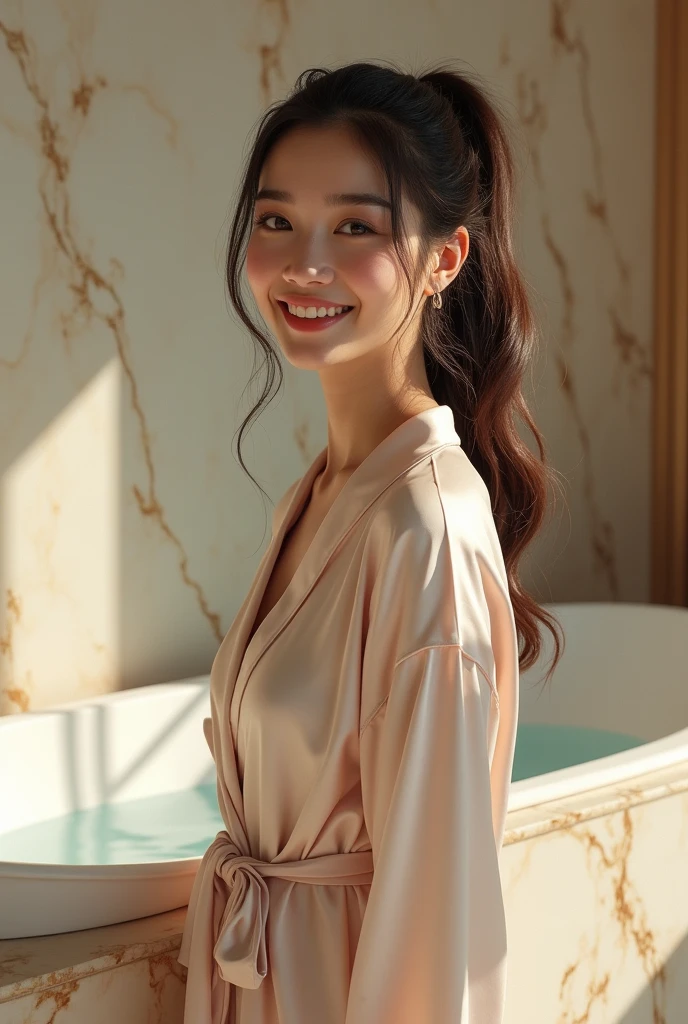 Photorealistic, young Asian woman, long brunette hair tied loosely in a ponytail, brightly smiling, wearing only a silk bath robe, standing in front of a marble bathtub