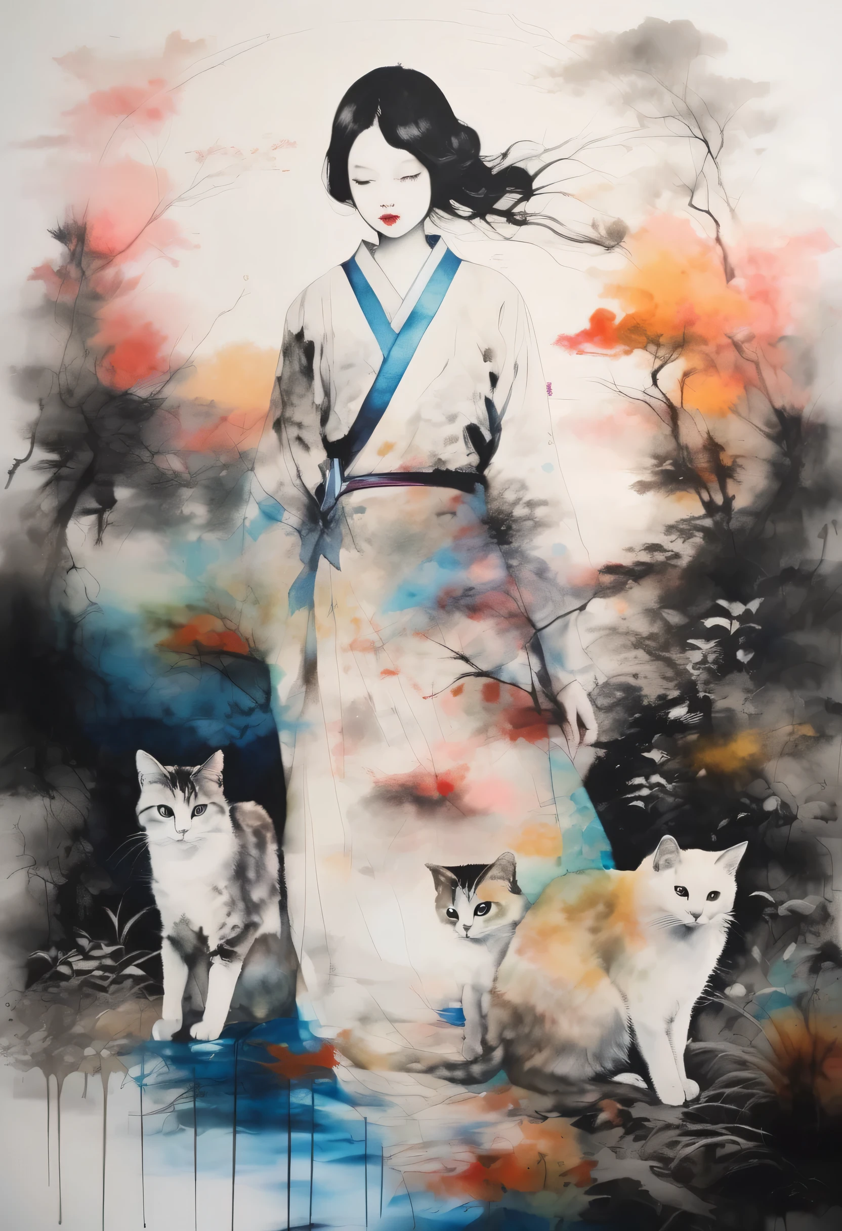 Painting of a beautiful girl holding a cat、Filled with love for cats、love deep、chaos、(Ink drawing on Japanese paper, Landscape painting that bleeds easily)、(Picture book-like contemporary art) ,Dark Side Artistic、Contemporary Art、(Transparent watercolor) (Light itself is reality) (Soft layer,Colorful colors、lots of colors) (shades of paint dissolved thinly with water) (deep, Delicate colors) paint (draw) In black and white:1.4、Masterpiece、Highest quality、