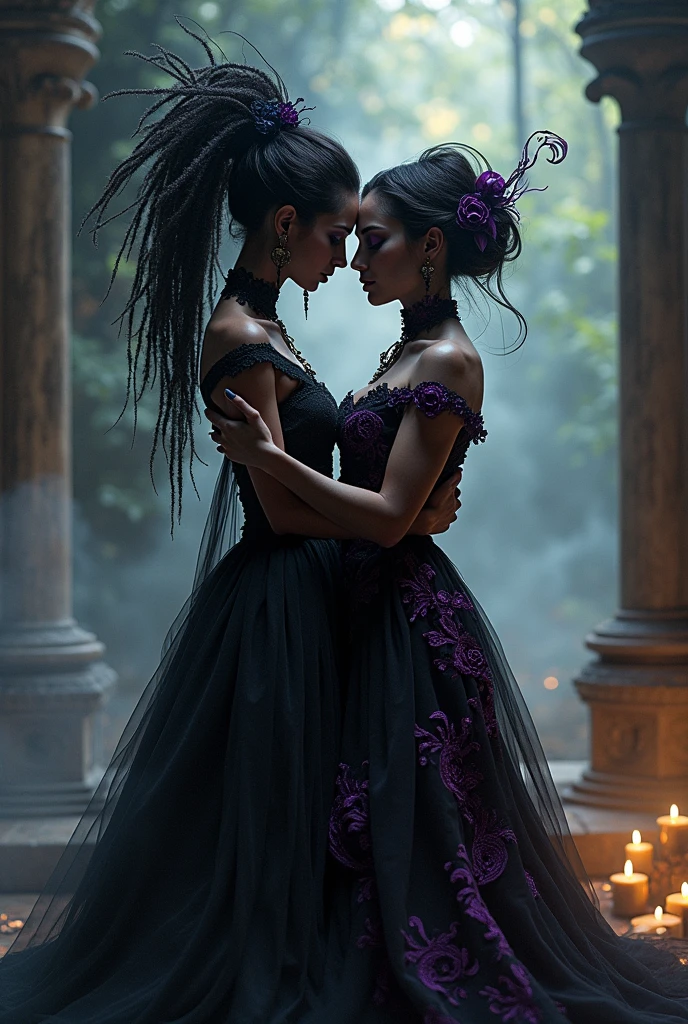 I want an image of two pombagiras: Maria Mulambo next to Gypsy Pombagira. Maria Mulambo dresses in black and purple and Pombagira Gypsy in black and red. make them look beautiful hugging each other and looking forward