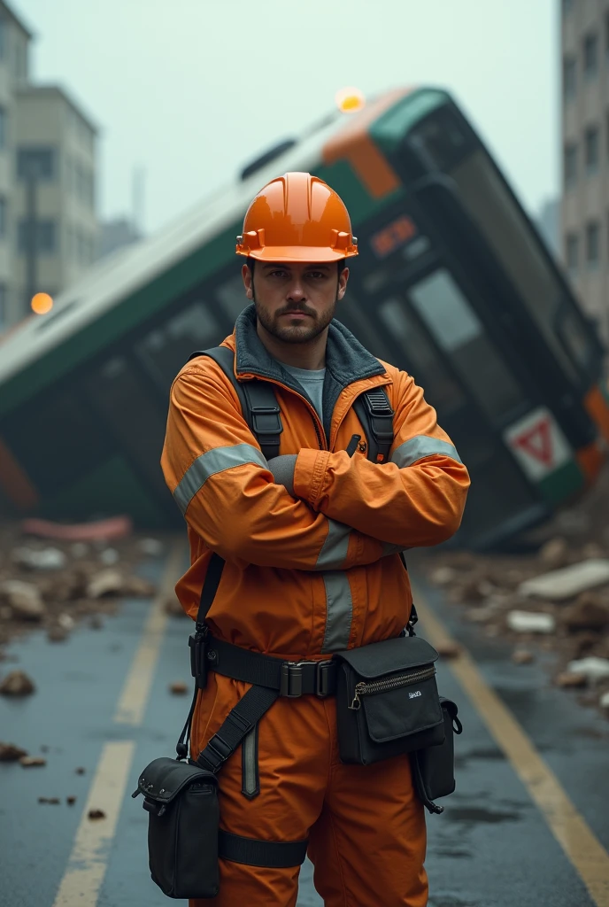 A bus on its side in the background, and a worker in front (with orange construction helmet) with arms crossed