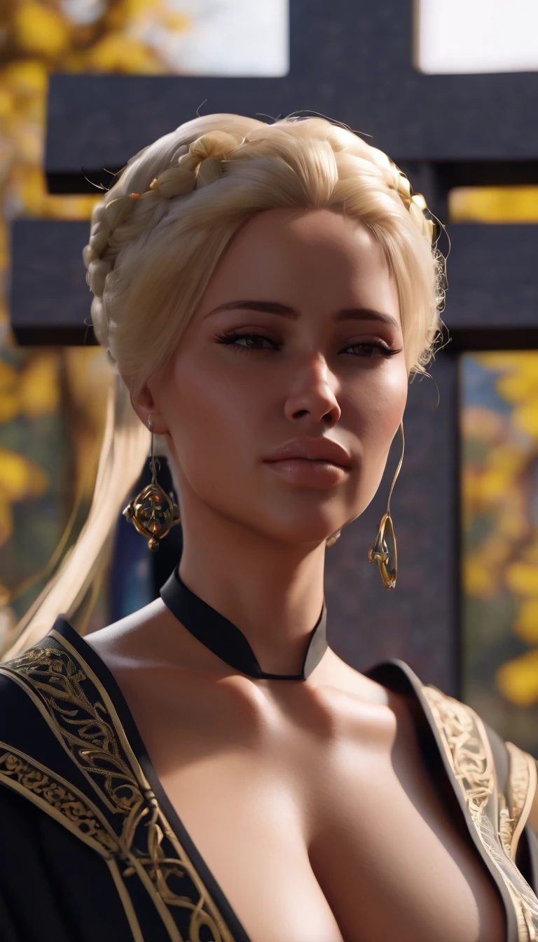 Blonde thicc queen in black robes tied on cross  ,Best quality, Ultra detailed, Blender 3d, UNREAL ENGINE 5.4 