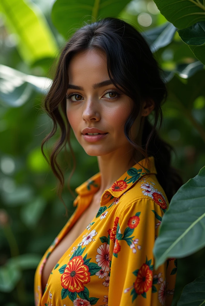 A Brazilian woman in a lush tropical garden, wearing an open shirt with a floral print, with a close-up capturing the harmonious beauty between her breasts and the natural flowers, showing off your natural charm and outgoing personality.