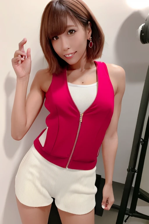 1girl, beautiful woman tank top jacket、Pink Panties, skinny, perfect body, defined abs, gold hair, standing in a white wall photography studio,  ultra-detailed face, beautiful eyes, beautiful lips, double eyelids, shy smile, trimmed bangs, sun-kissed skin, hint of pubic hair, (best quality, 8k, masterpiece:1.3), frontal and full-body shot, pussy line, front facing, open legs