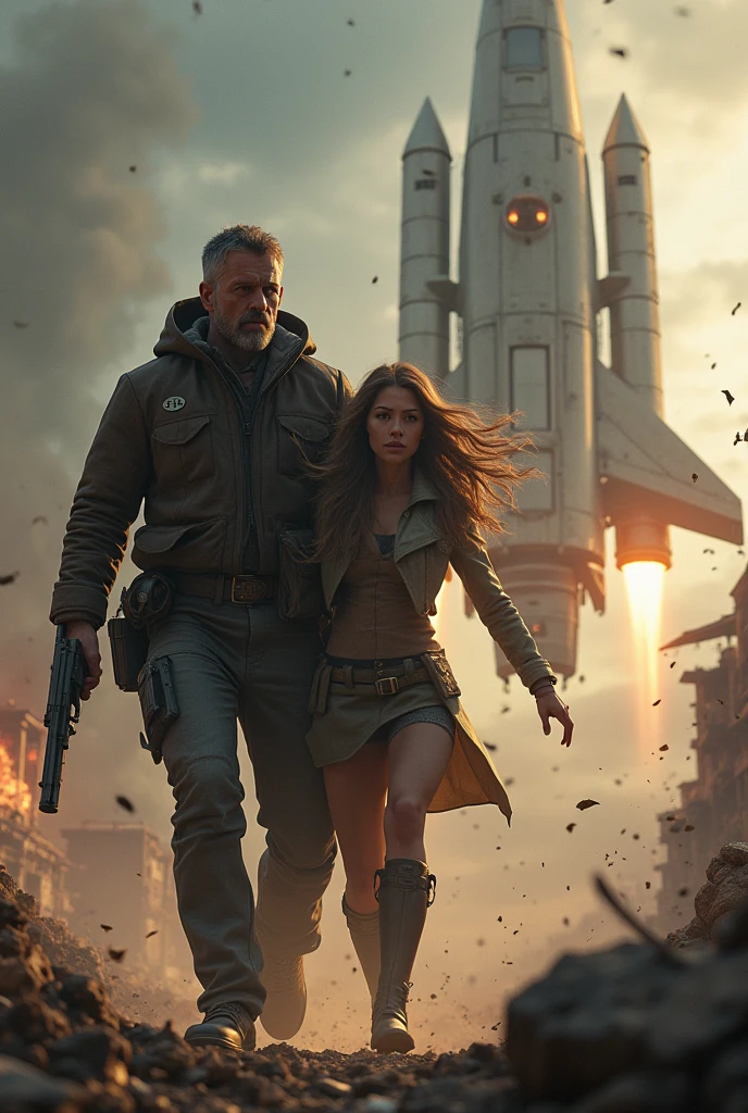 end of world save man girl with gun space to fly man