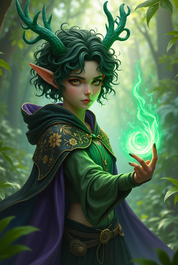 Jungle like environment. A young Plant woman with a deep green skin tone. She short has leaf green curly hair & is wearing a slightly revealing mythic flowing Black-Purple-Green cloak with Golden Floral designs. She has Serious yet gentle gaze in her heterochrome eyes, with One eye being a deep green and the other being a light gold. She has long crystal blue antlers radiating Floral energy & a set of quaint elven ears. She has a small cute nose She is seen in a battle stance radiating a floral energy