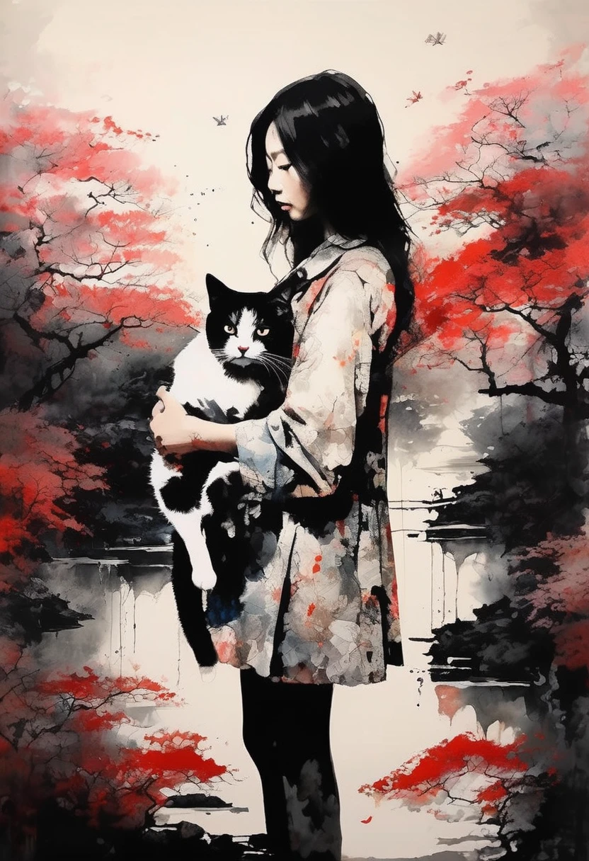 Painting of a beautiful girl holding a cat、Filled with love for cats、愛情deep、chaos、(Ink drawing on Japanese paper, Landscape painting that bleeds easily)、(絵本のようなContemporary Art) ,Dark Side Artistic、Contemporary Art、(Transparent watercolor) (Light itself is reality) (Soft layer,Colorful colors、lots of colors) (shades of paint dissolved thinly with water) (deep, Delicate colors) paint (draw) In black and white:1.4、Masterpiece、Highest quality、