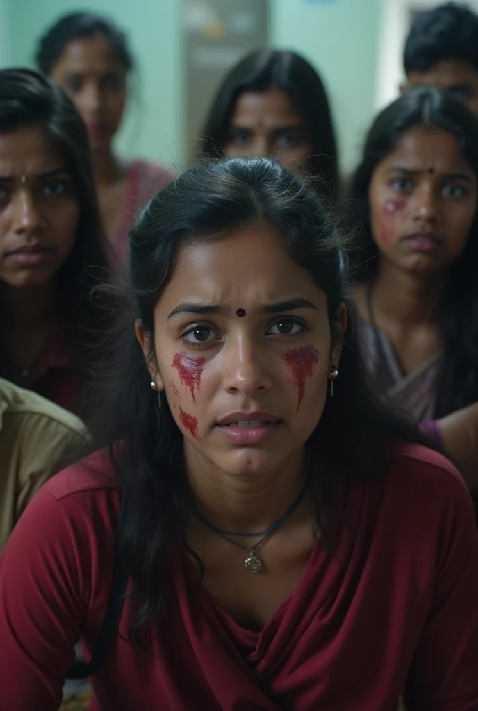 A doctor girls scared and shocked with dark circles messy hair in air and dirty clothes alot and shouting more scared and Bengali more scared wearing a indian suit and doctors coat a little dark black dark circles 
