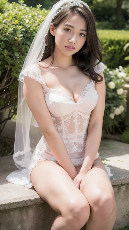 photo, photo realistic, (photorealistic:1.4), best quality, high quality, 4K, RAW, masterpiece, realistic lightning, beautiful face,
1girl, solo, (1), (), gravure idol, (medium breasts),
black hair, (medium hair:1.2), (wavy hair:1.2),
((light) pink lips:1.3), closed mouth, (smiling:0.8),
(bride:1.2), (((white)) wedding lace dress:1.2), wedding veil,
looking at viewer, (knee to top), (beautiful arms:1.2), (front view),
BRAKE,
(outdoors:1.4),