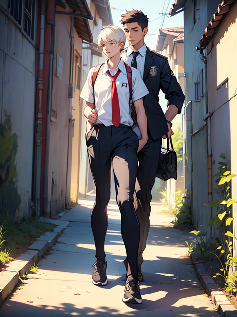 3 male friend walking to school (UA) in UA Uniform while chatting