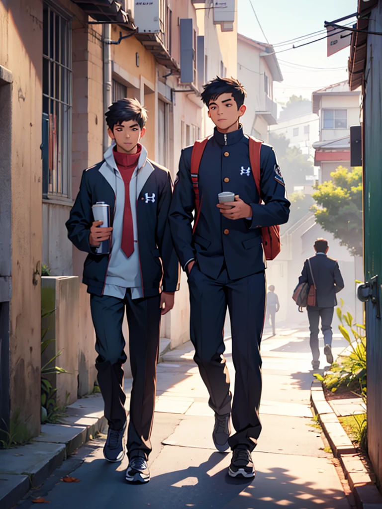 3 male friend walking to school (UA) in UA Uniform while chatting