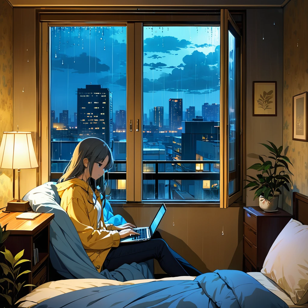 The scene is set in a small, warmly lit room on a rainy day, with raindrops tapping softly against the window. A person is comfortably seated under a blanket, with a laptop on their lap, watching anime. The room is softly illuminated by a warm lamp, and the faint glow of city lights is visible through the rain-covered window. The colors should include soft blues, warm yellows, and gentle grays, creating a tranquil and comforting atmosphere