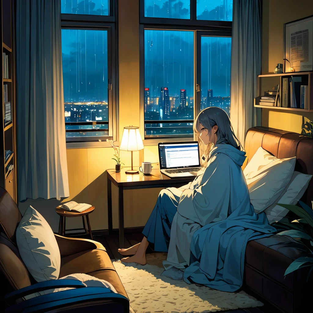 The scene is set in a small, warmly lit room on a rainy day, with raindrops tapping softly against the window. A person is comfortably seated under a blanket, with a laptop on their lap, watching anime. The room is softly illuminated by a warm lamp, and the faint glow of city lights is visible through the rain-covered window. The colors should include soft blues, warm yellows, and gentle grays, creating a tranquil and comforting atmosphere