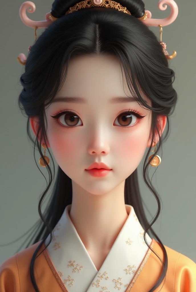 A girl in Hanfu, gentle elegant face, big round double eyelids, clear jet black, around 1, Asian, half up, take, front, 3D drawing