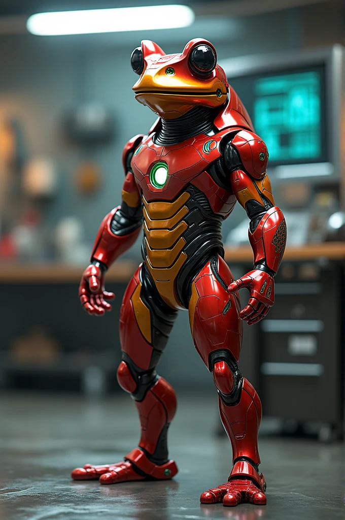 A frog with iron man suite