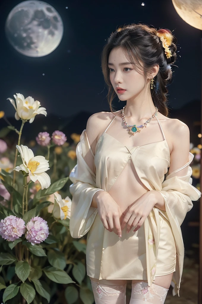 (((best quality))),(((ultra detailed))),(((masterpiece))),illustration,((1 beautiful girl,solo)),(neat chignon:1.2),((earrings,crystal necklace)),((slim,thin)),((small breasts,flat chest)),(slender legs:1.2),(stockings:1.3),(a moon in the clear night sky as the background:1.3), gentle glow,(Standing in the world full of vibrant flowers:1.3),(gorgeous hanfu:1.3),sparkling eyes,graceful,(surrounded by crowded colorful flowers:1.5), kaleidoscope, shimmer,bright moonlight, delicate petals, fragrance, otherworldly, magical realm, enchantment, tranquility, essence of beauty, peace,(outdoor:1.),(night scene:1.3),((from front,upper body))