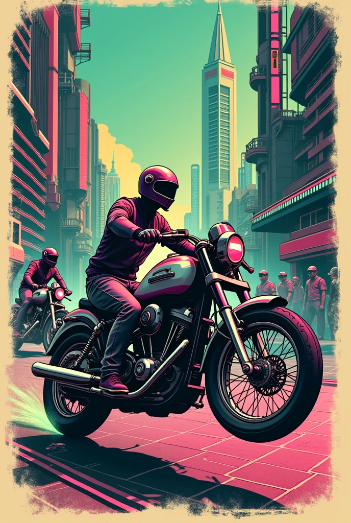 "A retro t-shirt design featuring 60s shopper motorbikes driving through a futuristic landscape with robots watching the action. The design uses neon colors like pink, Green and teal, with a grid background and a worn texture."