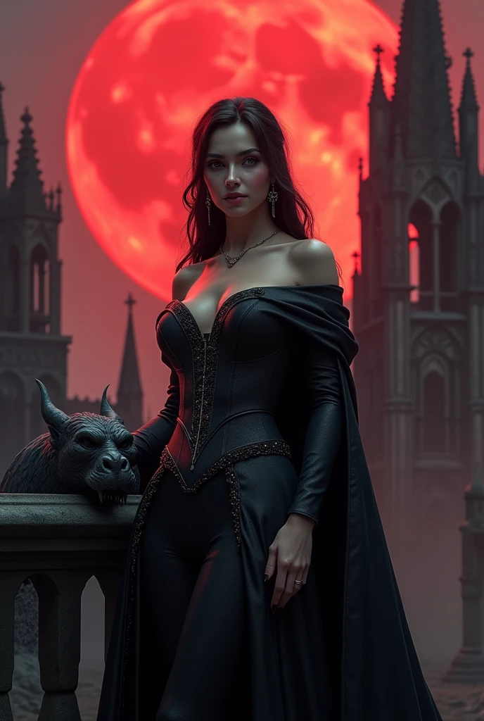 The image features a stunningly detailed 8k RTX photorealistic cinematic shot of a beautiful, voluptuous sexy queen of the Gothics standing proudly in front of a high Gothic cathedral. By her side, a menacing gargoyle looms, adding to the dark and mysterious atmosphere. The red moon casts an eerie glow over the scene, enhancing the gothic architecture and intricate details of the cathedral. The composition is framed in a wide angle view, with smooth lines and realistic 3D dark effects creating a whimsical and captivating portrait of a woman in a fantasy style. The ZBrush final render and additional Blender details bring depth and richness to the image, capturing the essence of gothic beauty and mystery.



