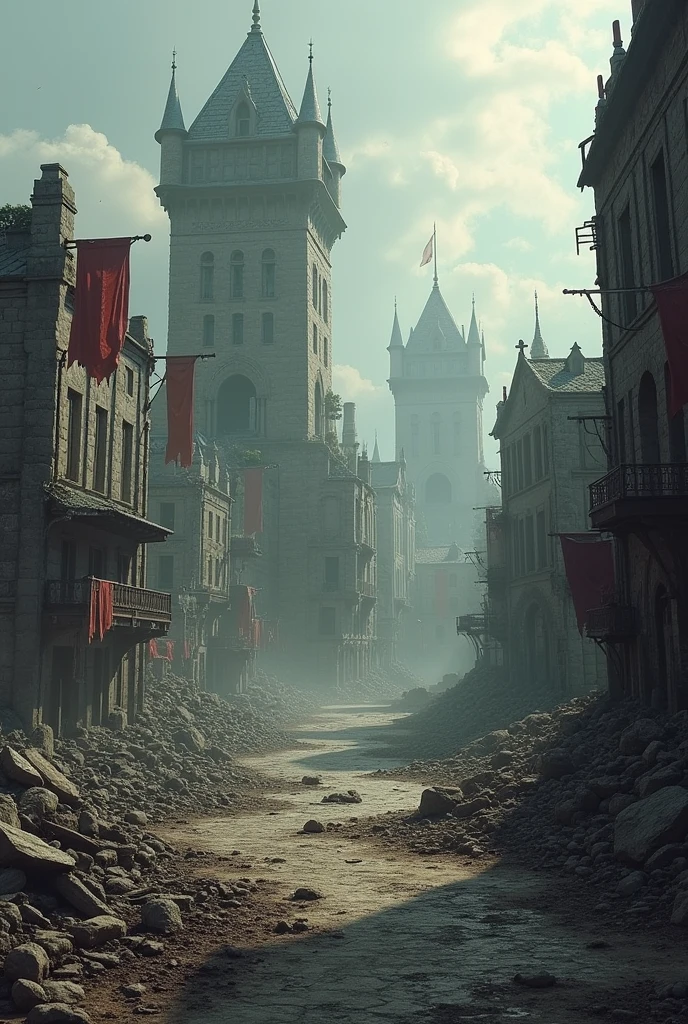 medieval city in ruins after an orc invasion