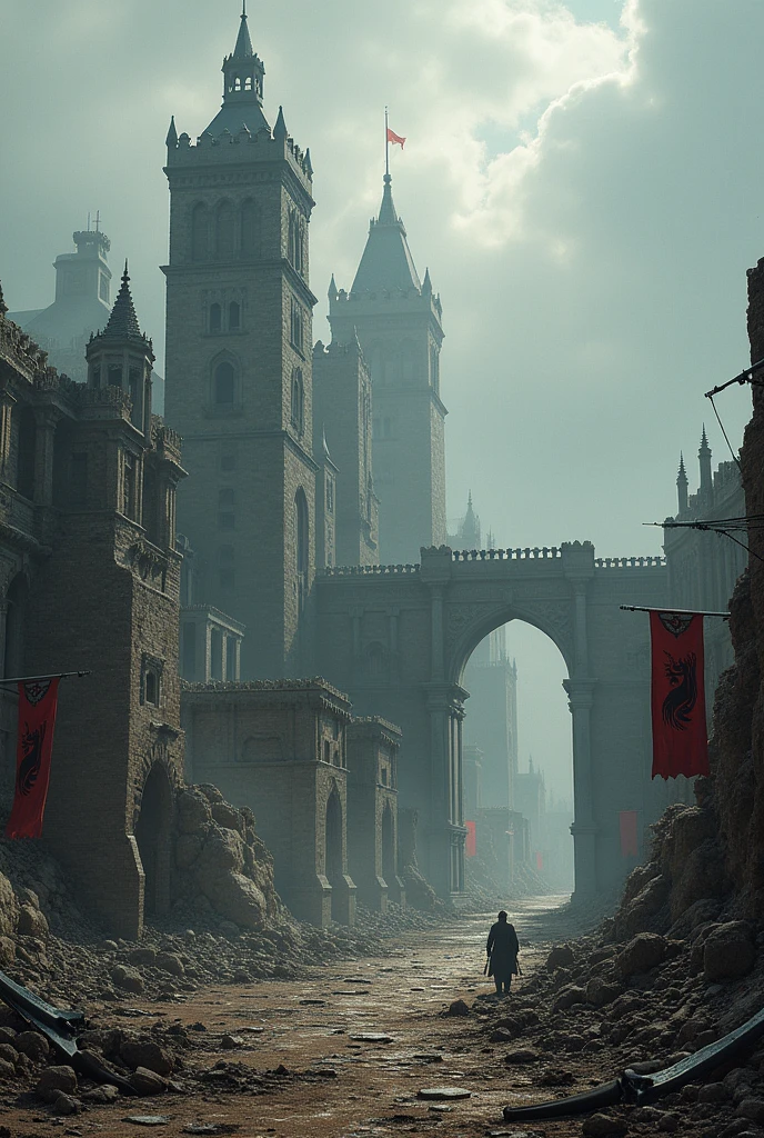 medieval city in ruins after an orc invasion