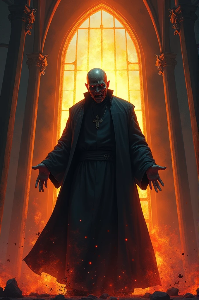 Draw a person who is a complete psychopath behind a religious man, in a church that has terrifying characteristics, and includes some fire details around it and a title that says Burning the Past
