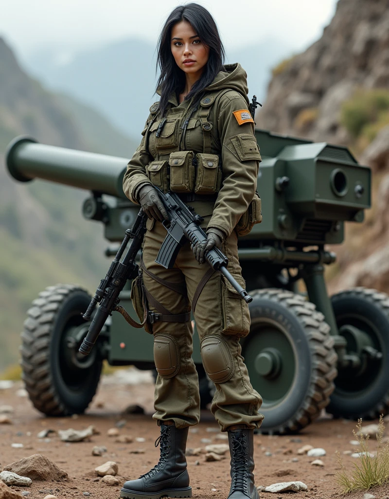 (Photorealism:1.2), beautiful woman, Armed female soldier standing next to mortar
