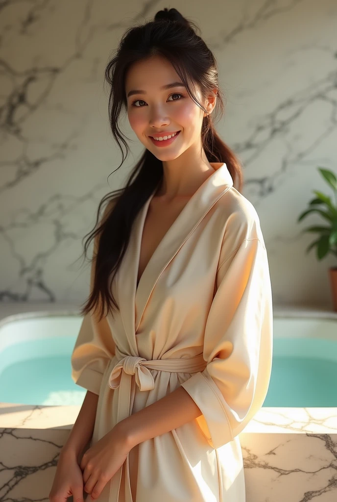 highest quality, masterpiece, Ultra-high resolution, realistic:1.3, solo:1.3, ((Clear Face)), cowboy shot, from front, leaning forward, (glowing skin), (looking at camera:1.3), (black Bathrobe), standing in room, leaning forward, (medium busts:1.3), long hair, smile, soft brightness
