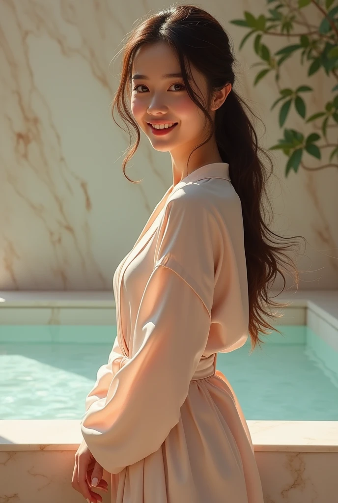 Photorealistic, young Asian woman, long brunette hair tied loosely in a ponytail, brightly smiling, wearing only an untied silk bath robe, standing in front of a marble bathtub