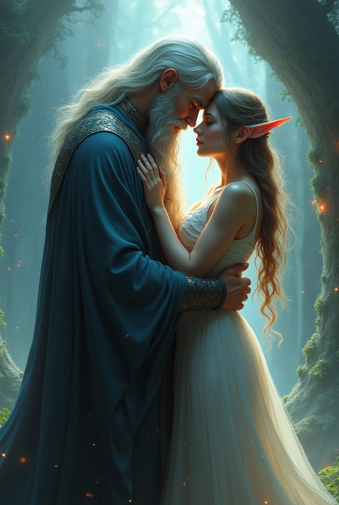 A wizard from the game mu online holding an elf from the same game in his arms