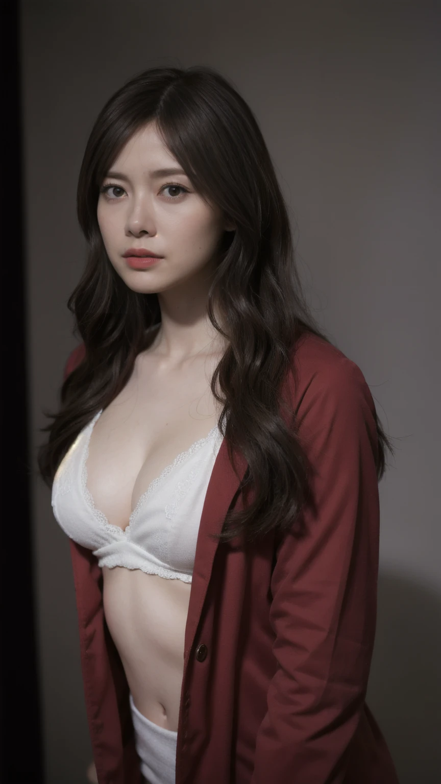 ((1girl)), woman, masterpiece, best quality, highest quality, cinematic lighting, (volumetric lighting), extremely detailed CG unity 8k wallpaper, focused, 8k wallpaper, extremely detailed, ultra realistic, photorealistic, sharp focus, absurdres, (HDR:1.2), (high contrast), photograph, detailed and intricate, instagram, portrait, highly detailed, digital painting, artstation, concept art, smooth, sharp focus, illustration, cinematic lighting, (big breast:1.2), ((slim body)), (Seductive pose), (red coat), looking at the viewer, (Standing), ((Medium body shot, hip level shot)), long hair