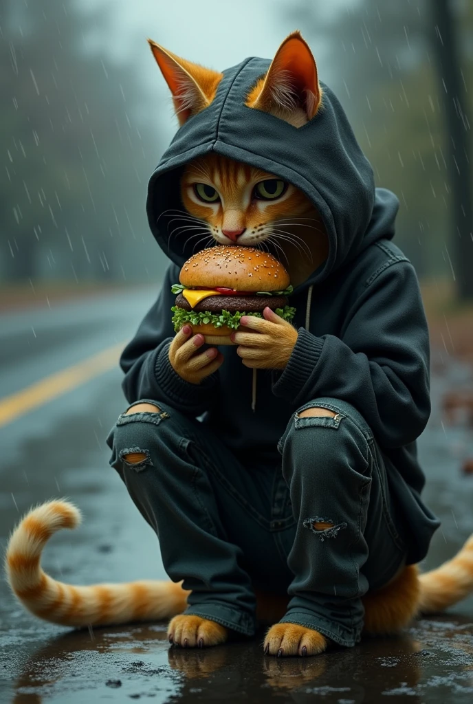 A tall yellow cat in tattered black hoodie and tattered black jeans with face half covered in hoodie eating burger with tears in eyes on side of road in rain