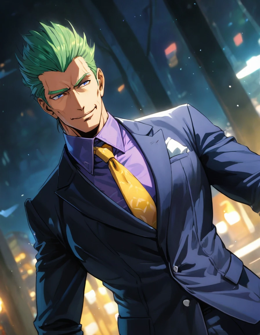 1man, solid mature male, masculine president, forestgreen hair, spiked slicked back, darkblue eyes, businessman hairstyle, BREAK dignified playboy, toned japanese, ideal ratio body proportions, broad face, high cheekbones, BREAK violet formal jacket, purplewhite shirt, yellow necktie, BREAK solo, cool emotion, romance, sexy smile, BREAK solo, upperlegs, smart expression, visual novel, 2000s, in eroge style, in persona style, BREAK depth of field, dutch angle, cinematic shadows, cinematic lighting, lens flare, light leaks, texture, absurdres absolutely resolution, extreme all detailed, greatest painting, BREAK masterpiece, best quality
