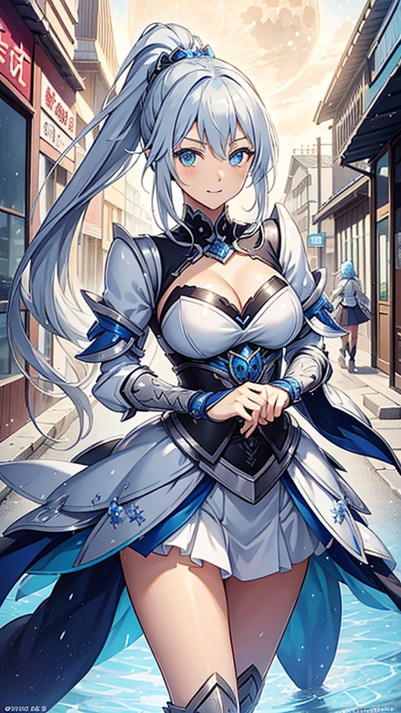 Two attractive manga characters proudly show off their moon-themed outfits in a busy city street, Inspired by Hong In's captivating portraits. Increase the popularity of the scene in the CG world, Smell it from Genshin Impact dons silver ice reflective armor, on the other hand、Ayaka wore an outfit with bright blue accents..
Character 1 (Smell it):
Very detailed, Realistic, 4K, High resolution, Extraordinarily well-trained physique, Long silver hair tied in a ponytail, Decorated with the iconic moon motif, The costume is layered with silver ice reflective armor., Intricately designed armor with blue accents