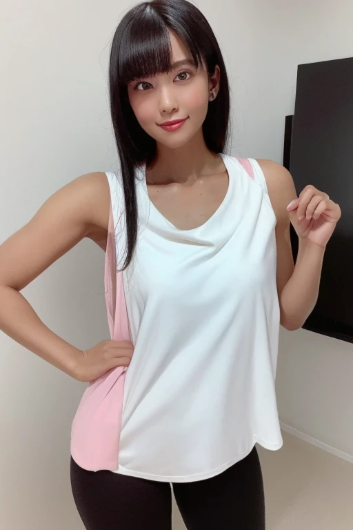 1girl, beautiful woman tank top jacket、Pink Panties, skinny, perfect body, defined abs, gold hair, standing in a white wall photography studio,  ultra-detailed face, beautiful eyes, beautiful lips, double eyelids, shy smile, trimmed bangs, sun-kissed skin, hint of pubic hair, (best quality, 8k, masterpiece:1.3), frontal and full-body shot, pussy line, front facing, open legs