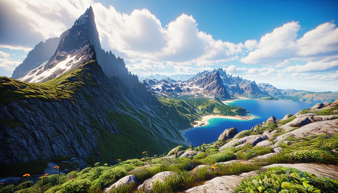 There is a highest mountain on the West Coast,The mountain is full of green plants(best quality,4K,8k,High level,masterpiece:1.2),Ultra Detailed,(lifelike,Photo real,Photo real:1.37),Realistic lighting,虚幻引擎4K壁纸,Summer Unreal Engine 5, Beautiful landscape rendering, Mountains and Oceans, Rendered in 8k Unreal Engine,,The most beautiful scenery,Epic shock