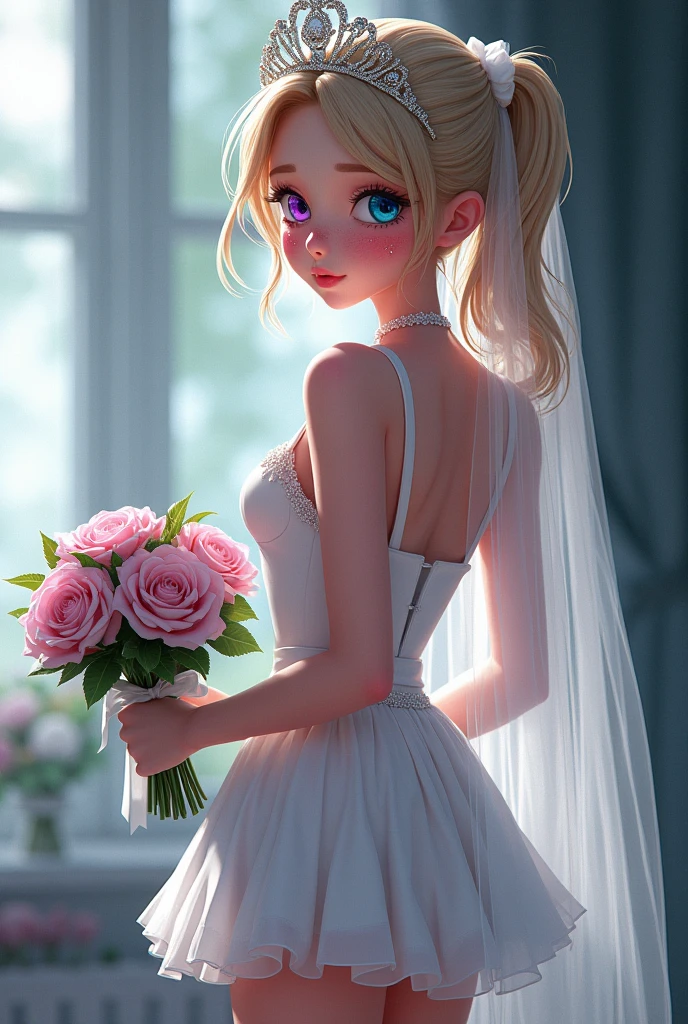 animated spy girl. She's extremely beautif ul, with blue eyes. Her left eye is purple. she h as blonde ponytail hair, she's wears a short we dding dress, and has a crown vail, dressed as a bride, and her eyes are stained with dry makeu p mascara tears. Shes holding flowers. full body