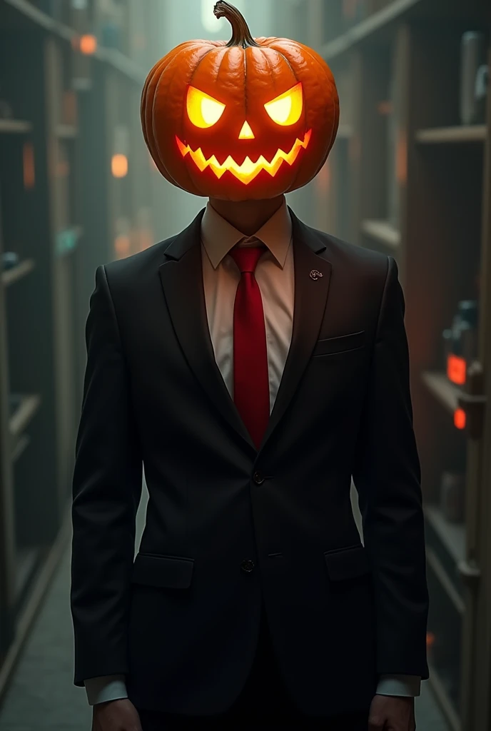 Create a man in a black suit with a red tie, and in place of the head put a halloween pumpkin, that inside the pumpkin is glowing yellow, add a dash of digital art and anime