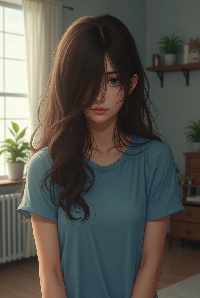 A 24 year girl , Blue t-shirt wearing hide face at long hair home