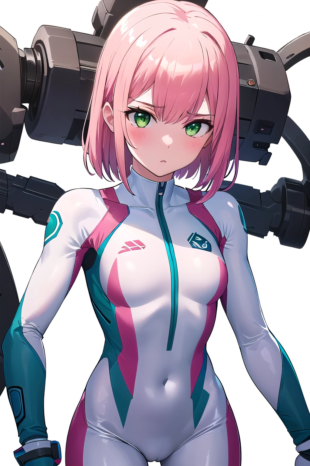 1girl,Samus aran,solo,green eyes, pink hair, forehead   hair, white zero suit,white body suit,purple stripes,cowboy shot,blush,,Science fiction,ultra-detailed,sharp focus,aesthetic,(best quality), white background, (Trying to get out of the bodysuit.:1.2)