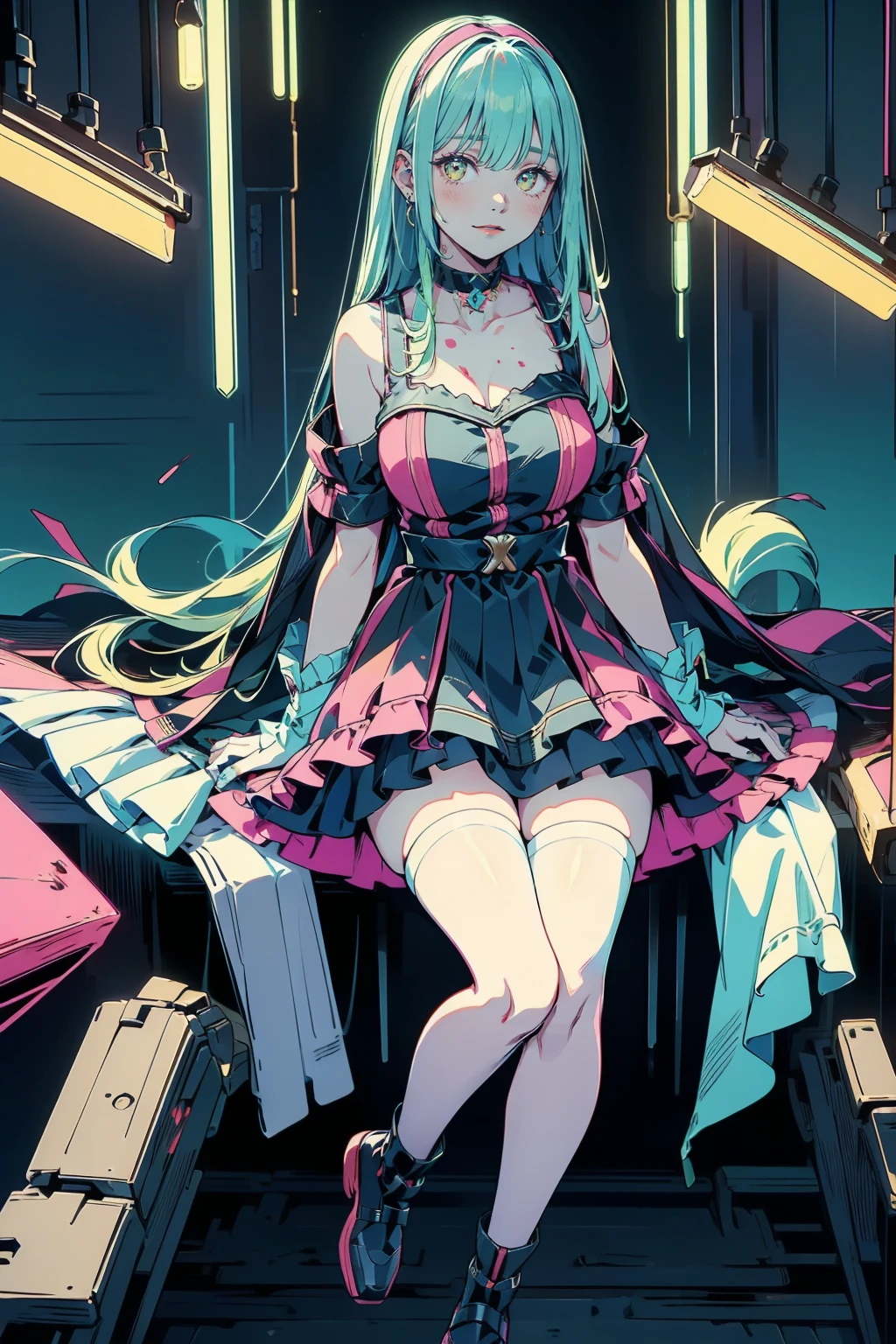 (Highest quality,4K,High resolution,masterpiece:1.2),Very detailed,Realistic:1.37,,(whole body, legs and 靴 visible: 1.2),、The thief、Thief、10 convictions、Criminal Woman、bad woman、To rob、Raiding the store、Anime Style、Storytelling、、beautiful girl、とてもcute天使、Pink Gothic Dress、cute、、smile、Long skirt、Blood splatter,(Blood splatter:1.1),Black long boots、(クレイジーなsmile:1.3)、クレイジーなsmile, beautiful, Delicate facial features, Sharp Eye, Sharp Fangs, Mouth very open, Bare your teeth,Sharp teeth like a beast, Very wide lips, Very wide mouth, Vermilion cheeks,、Big Breasts、Hair band