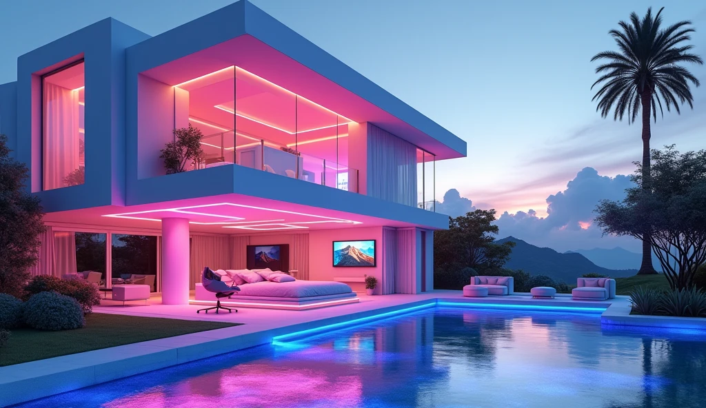 futuristic rich billionaire modern house, futuristic rich billionaire modern colorful LED white lights, futuristic rich billionaire modern bedroom, realistic view, realistic sky, sun reflection, uncommon and unique, realistic shadow, realistic shader, dynamic lighting, modern LED lights, master bedroom, king size bed, big room and big window, gaming computer setup with neon lights, corner view,