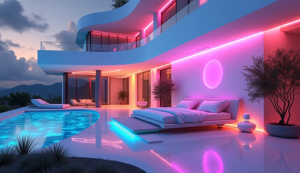 futuristic rich billionaire modern house, futuristic rich billionaire modern colorful LED white lights, futuristic rich billionaire modern bedroom, realistic view, realistic sky, sun reflection, uncommon and unique, realistic shadow, realistic shader, dynamic lighting, modern LED lights, master bedroom, king size bed, big room and big window, gaming computer setup with neon lights, corner view,
