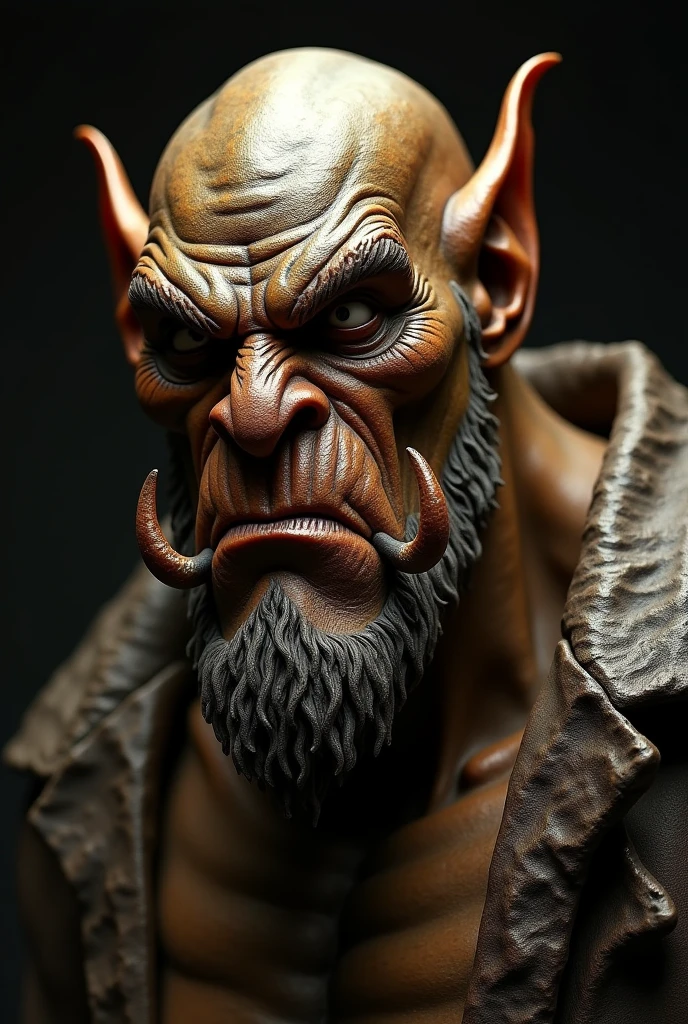 realistic bronze bust of an orc, hyper realistic, extremely detailed, 8k, highly detailed, intricate details, masterpiece, exquisite craftsmanship, lifelike textures, photorealistic, cinematic lighting, dramatic shadows, warm lighting, chiaroscuro, ornate, rugged features, menacing expression, piercing eyes, pronounced brow ridge, sharp nose, prominent tusks, rough skin, weathered appearance, ancient, fantasy, dark fantasy, dungeons and dragons, concept art