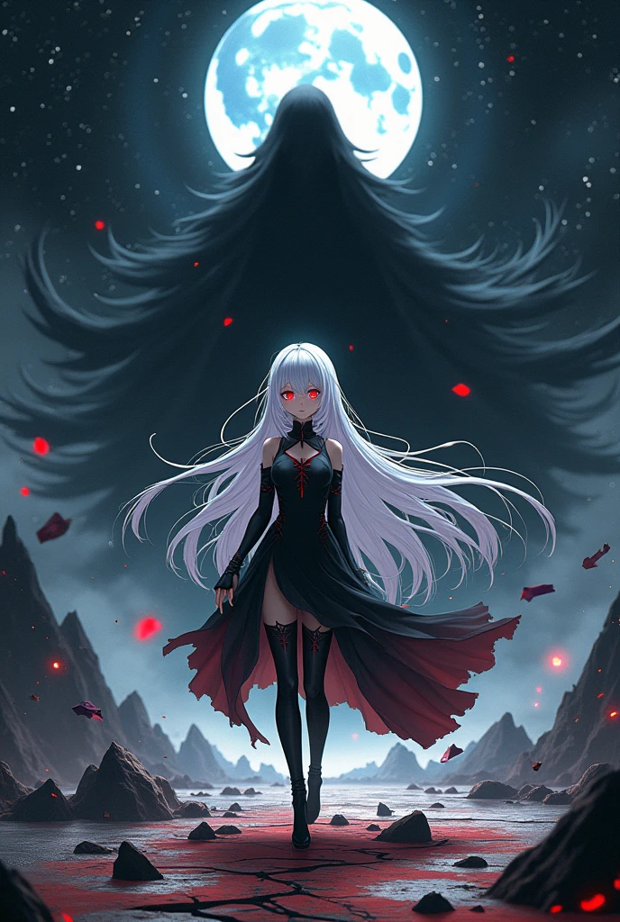 anime Girl with long white hair down to her waist, with small red details, red eyes, long black dress with a leg slit, with red details, long black boots up to below the knees, white skin, the ground around her is cracking and small stones are floating around her surrounded by a black aura, she is surrounded by shadows, and the background is dark like the night with the universe and stars, her presence causes fear, her shadow appears to be a monster, 8k, high quality, full body, (ultra-realistic), {extremely detailed 8k CG unit wallpaper}, expansive landscape photograph, (light: 2.0), (warm light source: 1.5), complex details, (iridescent colors: 1.5), (bright lighting), (atmospheric lighting), surreal, impressive, fantasy, (Solo: 1.2), White moon, (detalles ultra épicos), efecto de muchas aguas, rayos y truenos, caos, naturales, destello, 3D, 8K, fondo de pantalla, dark monster like shadow with big teaths, rodeado de cadáveres.