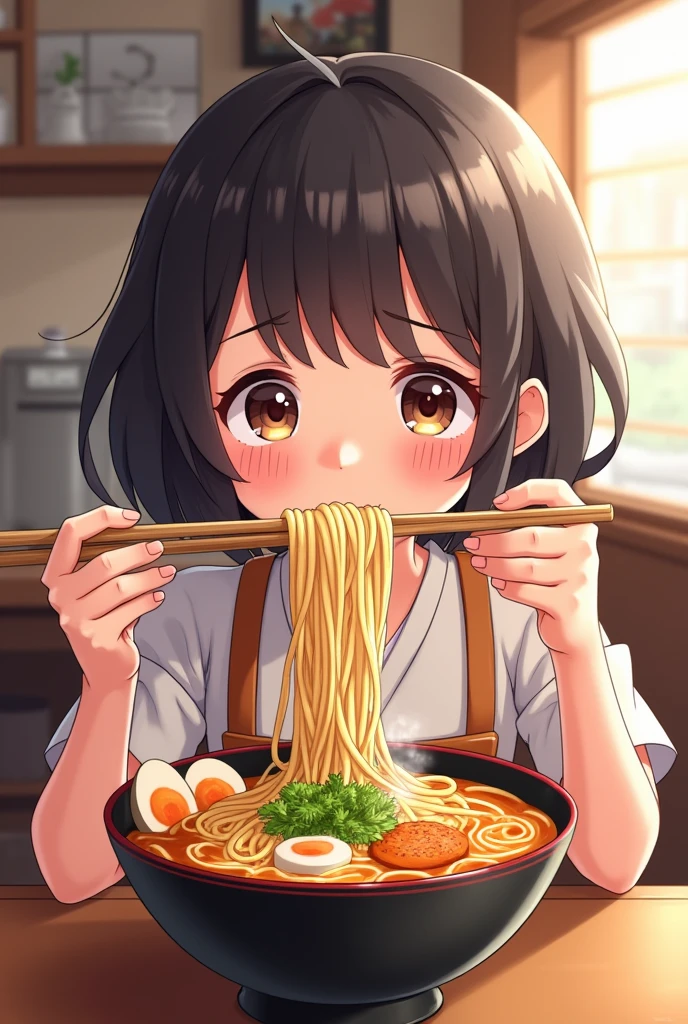 A Japanese girl is eating ramen, holding chopsticks in her hands. On the chopsticks are noodles. She is putting the noodles into her mouth. The noodles are long and reach the bowl. The overall image is Japanese. Fresh cartoon image.