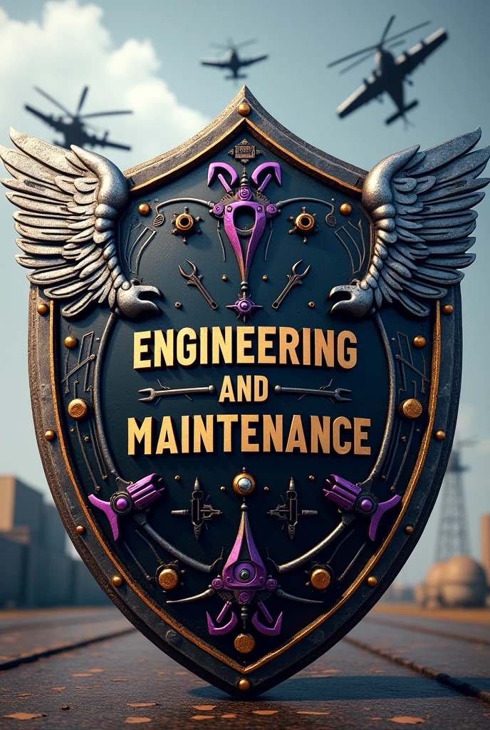 A round shield, with a gold border, black background and dark purple details.
Letters in the center "ENGINEERING AND MAINTENANCE"
Decorated with planes and helicopters flying in formation in the background, with a radar.
May it also have wrenches, tool, propellers and engines as decoration throughout the shield.
hyperrealistic.
With front view and elegant colors.
With silver wings, worn that hold the entire shield